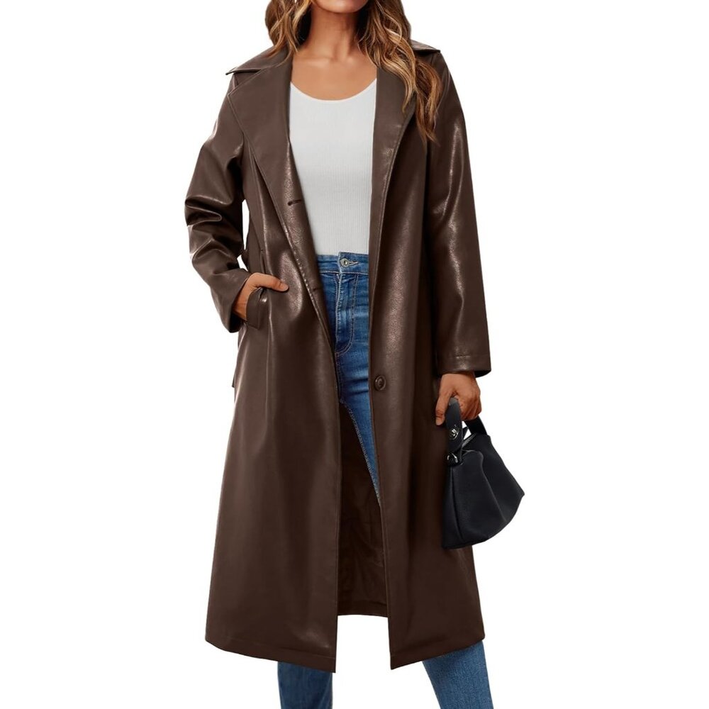 ✨Women Brown Long Trench Coat Blazer Lapel Faux Front with Belt Leather Jackets